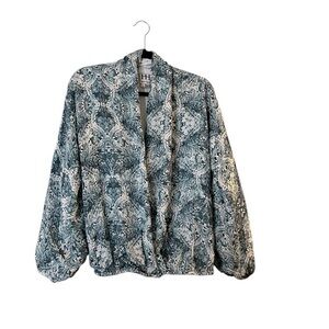 HAUTE HIPPIE blue & cream silk botanical tapestry surplice lined blouse / top